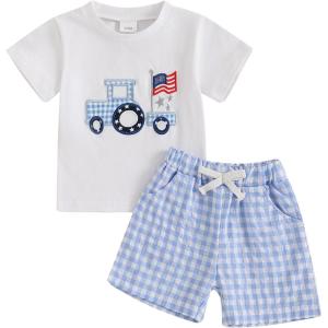 imageKuriozud Toddler Baby Boy 4th Of July Outfit Truck American Flag Tshirt Top Red White Bule Shorts Set Fourth Of July ClothesTruck American Flag White