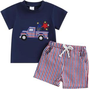 imageKuriozud Toddler Baby Boy 4th Of July Outfit Truck American Flag Tshirt Top Red White Bule Shorts Set Fourth Of July ClothesTruck Star Navy Blue