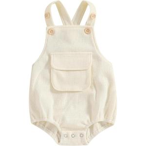 imageKuriozud Unisex Baby Boy Girl Clothes Sleeveless Romper Bodysuit Crossback Strap Jumpsuit Overall Shorts One Piece OutfitPocket Beige
