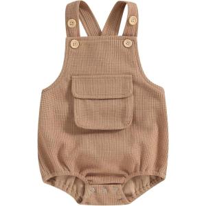 imageKuriozud Unisex Baby Boy Girl Clothes Sleeveless Romper Bodysuit Crossback Strap Jumpsuit Overall Shorts One Piece OutfitPocket Khaki