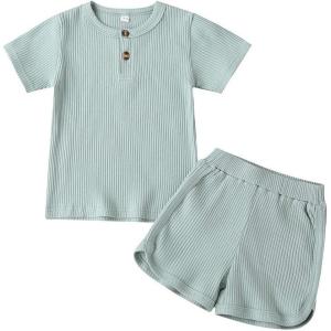 imageKuriozud Unisex Toddler Baby Boy Girl Clothes Ribbed Knit TShirt Top Pants Solid Color 2 Piece Outfits LoungewearKids Shorts Set Light Green