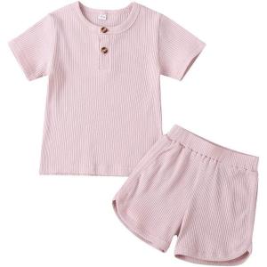 imageKuriozud Unisex Toddler Baby Boy Girl Clothes Ribbed Knit TShirt Top Pants Solid Color 2 Piece Outfits LoungewearKids Shorts Set Pink