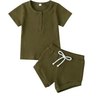 imageKuriozud Unisex Toddler Baby Boy Girl Clothes Ribbed Knit TShirt Top Pants Solid Color 2 Piece Outfits LoungewearShorts Set Army Green