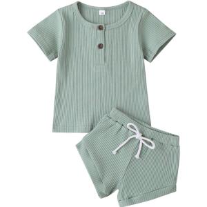 imageKuriozud Unisex Toddler Baby Boy Girl Clothes Ribbed Knit TShirt Top Pants Solid Color 2 Piece Outfits LoungewearShorts Set Light Green