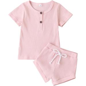 imageKuriozud Unisex Toddler Baby Boy Girl Clothes Ribbed Knit TShirt Top Pants Solid Color 2 Piece Outfits LoungewearShorts Set Pink