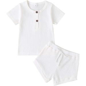 imageKuriozud Unisex Toddler Baby Boy Girl Clothes Ribbed Knit TShirt Top Pants Solid Color 2 Piece Outfits LoungewearShorts Set White