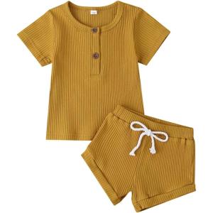 imageKuriozud Unisex Toddler Baby Boy Girl Clothes Ribbed Knit TShirt Top Pants Solid Color 2 Piece Outfits LoungewearShorts Set Yellow