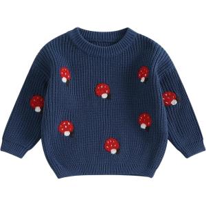 imageNewborn Toddler Baby Girl Boy Sweater Tops Mushroom Embroidery Warm Knitted Long Sleeves Knitwear Fall WinterMushroom Blue