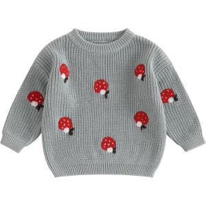 imageNewborn Toddler Baby Girl Boy Sweater Tops Mushroom Embroidery Warm Knitted Long Sleeves Knitwear Fall WinterMushroom Gray