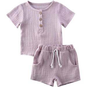 imageToddler Baby Boy Girl Cotton Linen Clothes Solid Color Short Sleeve TShirt  Drawstring Shorts 2 Piece Outfit SetLight Purple