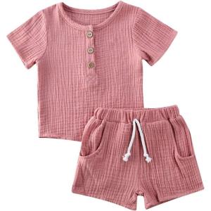 imageToddler Baby Boy Girl Cotton Linen Clothes Solid Color Short Sleeve TShirt  Drawstring Shorts 2 Piece Outfit SetPink