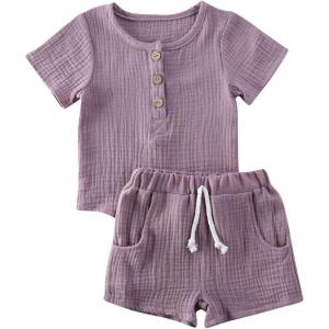imageToddler Baby Boy Girl Cotton Linen Clothes Solid Color Short Sleeve TShirt  Drawstring Shorts 2 Piece Outfit SetPurple