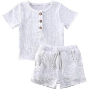 imageToddler Baby Boy Girl Cotton Linen Clothes Solid Color Short Sleeve TShirt  Drawstring Shorts 2 Piece Outfit SetWhite