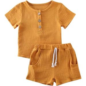 imageToddler Baby Boy Girl Cotton Linen Clothes Solid Color Short Sleeve TShirt  Drawstring Shorts 2 Piece Outfit SetYellow