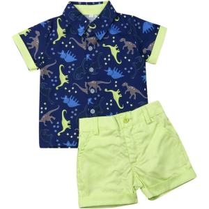 imageToddler Baby Boys Summer Outfits Set Gentleman ButtonDown Short Sleeve Shirt Blouse Tops  Solid Shorts PantsDinosaur Tshirt  Fluorescent Green Shorts B