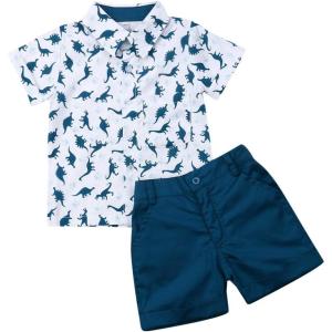 imageToddler Baby Boys Summer Outfits Set Gentleman ButtonDown Short Sleeve Shirt Blouse Tops  Solid Shorts PantsDinosaur Tshirt  Navy Blue Shorts