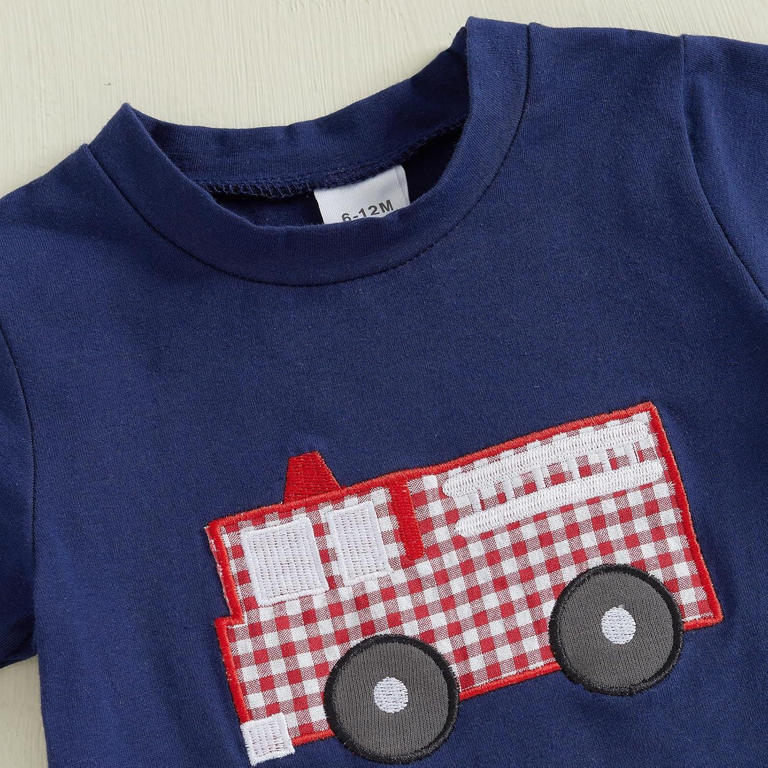 imageKuriozud Baby Girl Boy Summer Clothes Short Sleeve Tops Embroidery Tee Pattern TshirtVintage Plaid Short Pants SetFire Works Blue