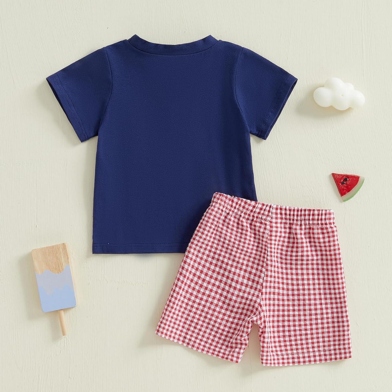 imageKuriozud Baby Girl Boy Summer Clothes Short Sleeve Tops Embroidery Tee Pattern TshirtVintage Plaid Short Pants SetFire Works Blue