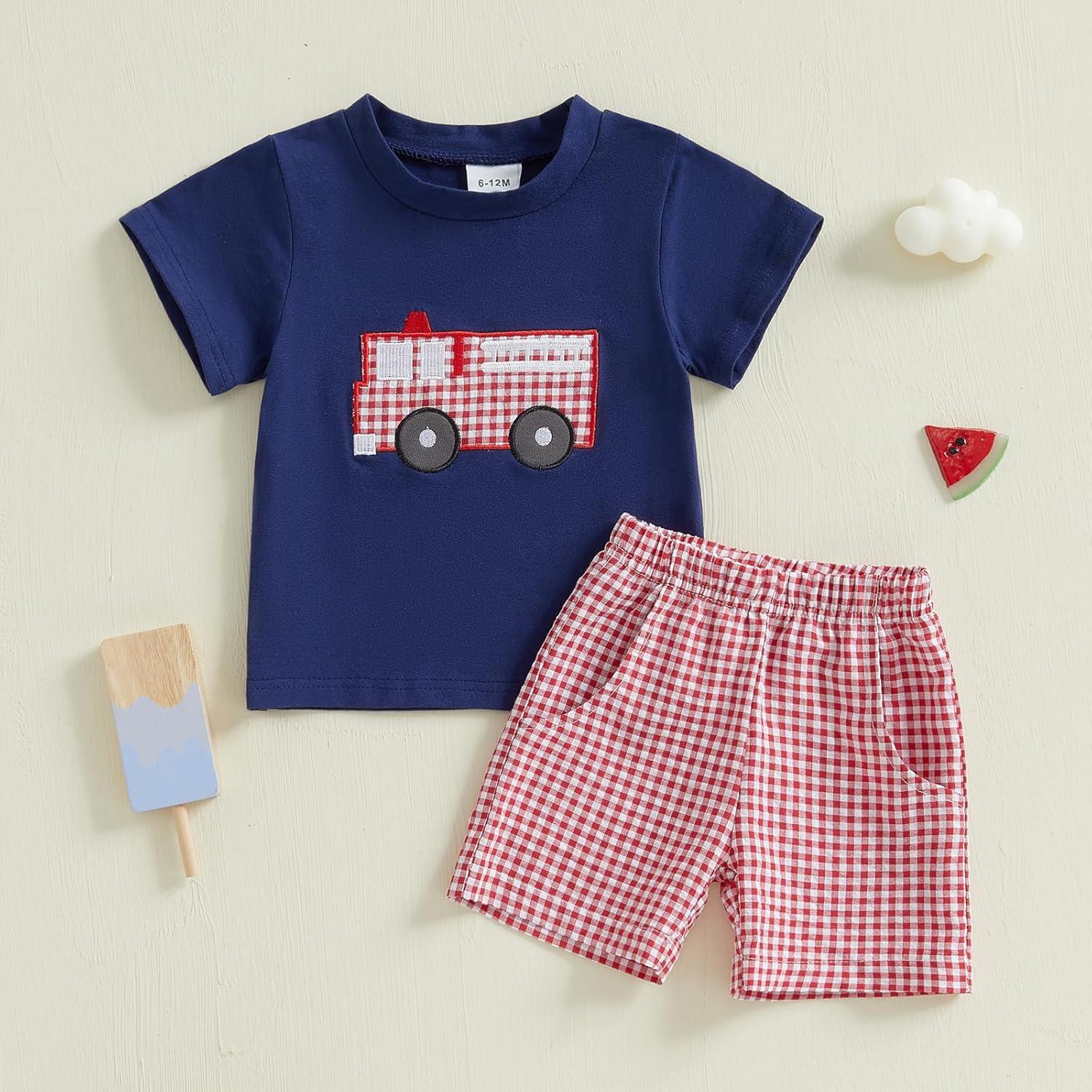 imageKuriozud Baby Girl Boy Summer Clothes Short Sleeve Tops Embroidery Tee Pattern TshirtVintage Plaid Short Pants SetFire Works Blue