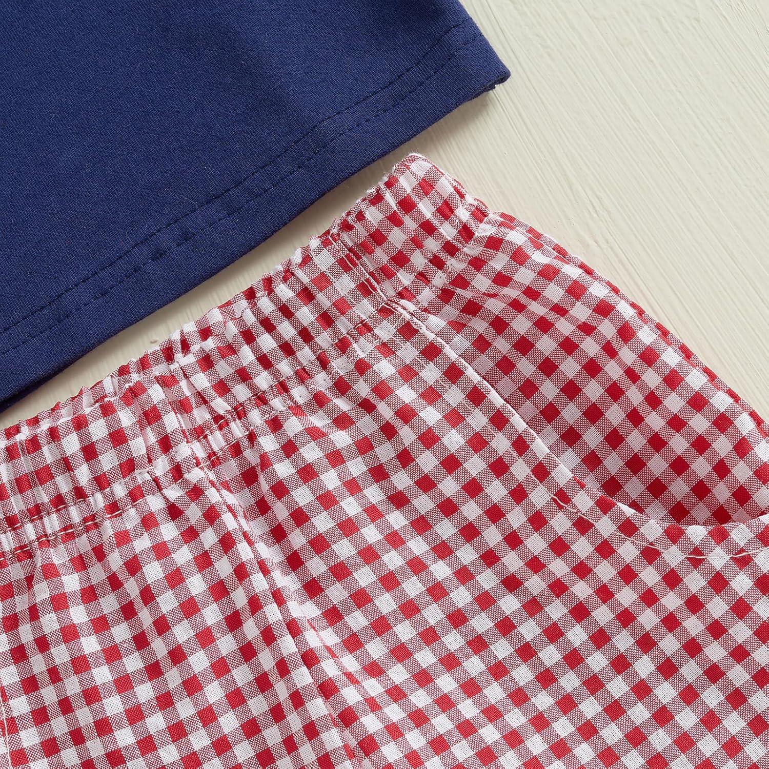 imageKuriozud Baby Girl Boy Summer Clothes Short Sleeve Tops Embroidery Tee Pattern TshirtVintage Plaid Short Pants SetFire Works Blue