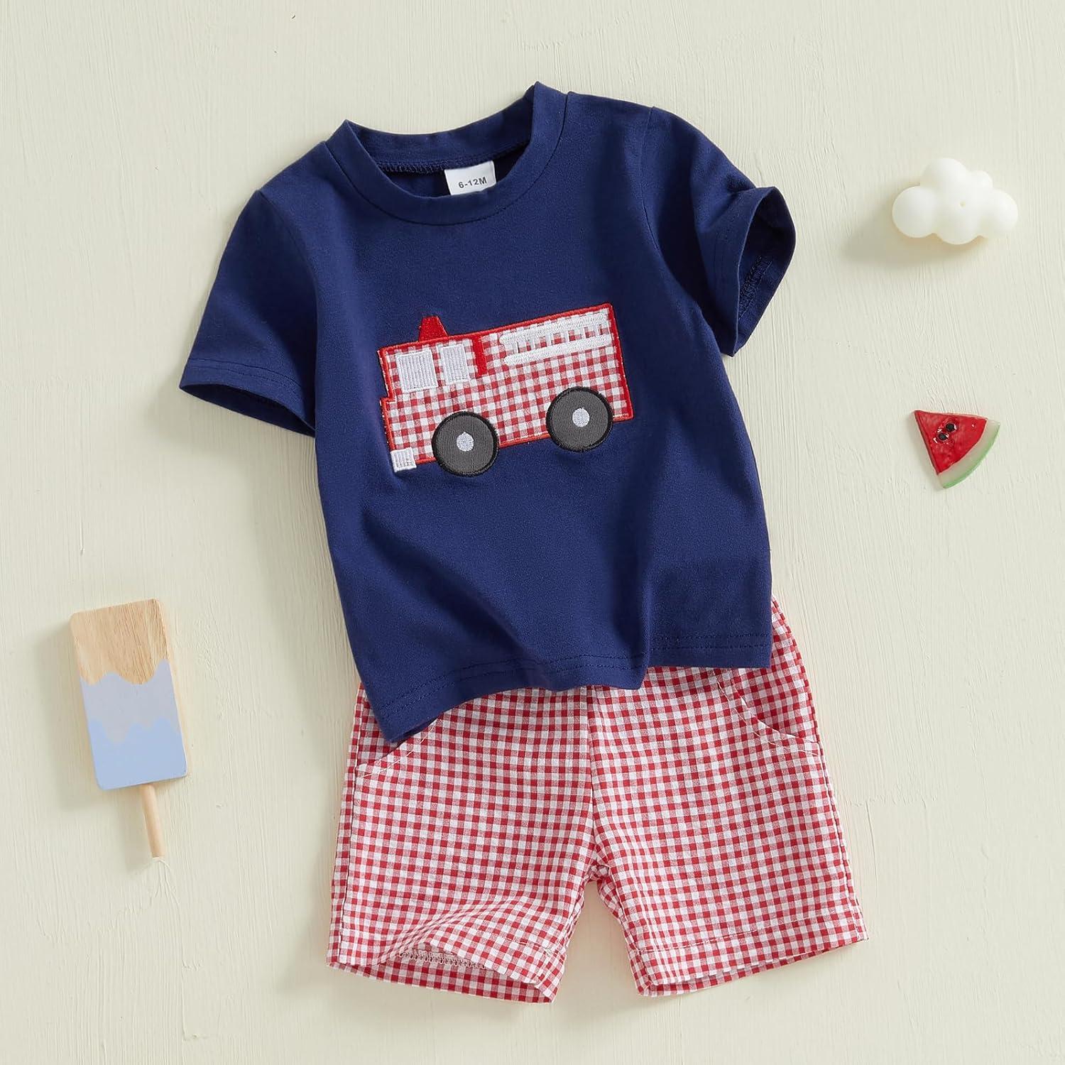 imageKuriozud Baby Girl Boy Summer Clothes Short Sleeve Tops Embroidery Tee Pattern TshirtVintage Plaid Short Pants SetFire Works Blue