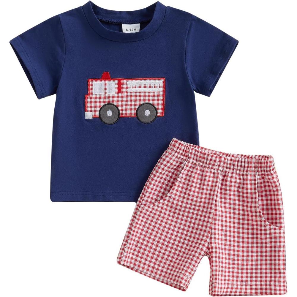 imageKuriozud Baby Girl Boy Summer Clothes Short Sleeve Tops Embroidery Tee Pattern TshirtVintage Plaid Short Pants SetFire Works Blue