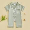 imageKuriozud Baby Girl Boy Birthday Button Down Silk Satin Pajamas Romper OnePiece Jumpsuit Short Sleeve Nightgown Pjs SleepwearGreen