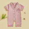 imageKuriozud Baby Girl Boy Birthday Button Down Silk Satin Pajamas Romper OnePiece Jumpsuit Short Sleeve Nightgown Pjs SleepwearPink