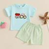 imageKuriozud Baby Girl Boy Summer Clothes Short Sleeve Tops Embroidery Tee Pattern TshirtVintage Plaid Short Pants SetFarm Blue Truck