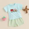 imageKuriozud Baby Girl Boy Summer Clothes Short Sleeve Tops Embroidery Tee Pattern TshirtVintage Plaid Short Pants SetFarm Blue Truck