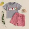 imageKuriozud Baby Girl Boy Summer Clothes Short Sleeve Tops Embroidery Tee Pattern TshirtVintage Plaid Short Pants SetFarm Gray Animals