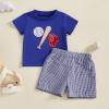 imageKuriozud Toddler Baby Boy Baseball Outfit Short Sleeve Shirt Top and Shorts Set Spring Summer ClothesBlue Shirt Plaid Shorts
