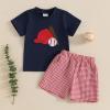 imageKuriozud Toddler Baby Boy Baseball Outfit Short Sleeve Shirt Top and Shorts Set Spring Summer ClothesBlue Shirt Plaid Shorts Red