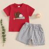 imageKuriozud Toddler Baby Boy Baseball Outfit Short Sleeve Shirt Top and Shorts Set Spring Summer ClothesRed Shirt Plaid Shorts Grey