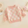 imageKuriozud Toddler Baby Boy Girl Sweater Checkerboard Knit Crewneck Sweatshirt Soft Warm Fall Winter ClothesPlaid Pink