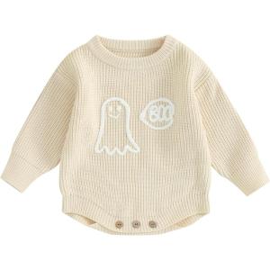 imageKuriozud Baby Boy Girl Fall Winter Clothes Knit Sweater Romper Sweatshirt Soft Warm OutfitGhost Cream