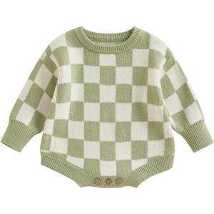 imageKuriozud Baby Boy Girl Fall Winter Clothes Knit Sweater Romper Sweatshirt Soft Warm OutfitPlaid Green