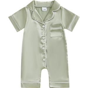 imageKuriozud Baby Girl Boy Birthday Button Down Silk Satin Pajamas Romper OnePiece Jumpsuit Short Sleeve Nightgown Pjs SleepwearGreen