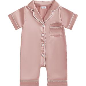 imageKuriozud Baby Girl Boy Birthday Button Down Silk Satin Pajamas Romper OnePiece Jumpsuit Short Sleeve Nightgown Pjs SleepwearPink