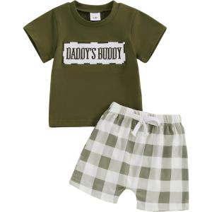 imageKuriozud Baby Girl Boy Summer Clothes Short Sleeve Tops Embroidery Tee Pattern TshirtVintage Plaid Short Pants SetDaddys Buddy Green