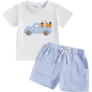 imageKuriozud Baby Girl Boy Summer Clothes Short Sleeve Tops Embroidery Tee Pattern TshirtVintage Plaid Short Pants SetEaster White Bunny Carrot