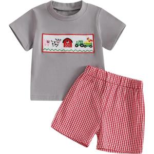 imageKuriozud Baby Girl Boy Summer Clothes Short Sleeve Tops Embroidery Tee Pattern TshirtVintage Plaid Short Pants SetFarm Gray Animals