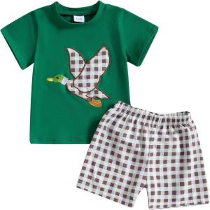 imageKuriozud Baby Girl Boy Summer Clothes Short Sleeve Tops Embroidery Tee Pattern TshirtVintage Plaid Short Pants SetFarm Green Duck