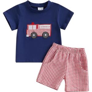 imageKuriozud Baby Girl Boy Summer Clothes Short Sleeve Tops Embroidery Tee Pattern TshirtVintage Plaid Short Pants SetFire Works Blue