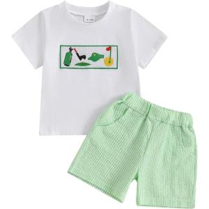imageKuriozud Baby Girl Boy Summer Clothes Short Sleeve Tops Embroidery Tee Pattern TshirtVintage Plaid Short Pants SetGolf Green White