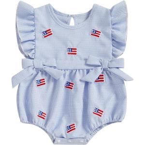 imageKuriozud My First 4th of July Baby Girl Outfit Bubble Romper Flying Sleeve Onesie Bodysuit Girl 1st Fourth of July Clothes4th of July Light Blue B