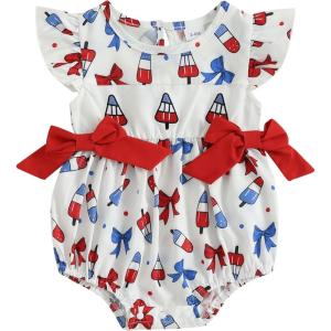 imageKuriozud My First 4th of July Baby Girl Outfit Bubble Romper Flying Sleeve Onesie Bodysuit Girl 1st Fourth of July Clothes4th of July White