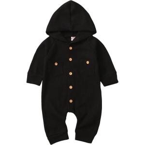 imageKuriozud Newborn Unisex Baby Boy Girl Hoodie Romper Solid Long Sleeve One Piece Hooded Jumpsuit Waffle OutfitBlack