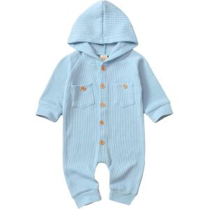 imageKuriozud Newborn Unisex Baby Boy Girl Hoodie Romper Solid Long Sleeve One Piece Hooded Jumpsuit Waffle OutfitBlue