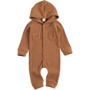 imageKuriozud Newborn Unisex Baby Boy Girl Hoodie Romper Solid Long Sleeve One Piece Hooded Jumpsuit Waffle OutfitBrown